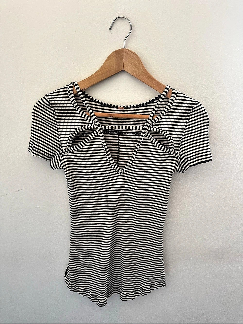 Free People Black White Striped Strappy V-Neck Cutout Ribbed Top